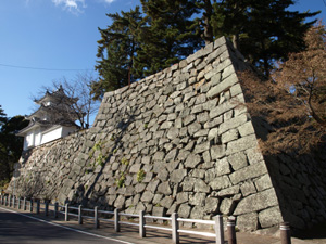 津城の丑寅櫓跡（手前）と妙な位置にある模擬櫓（奥）